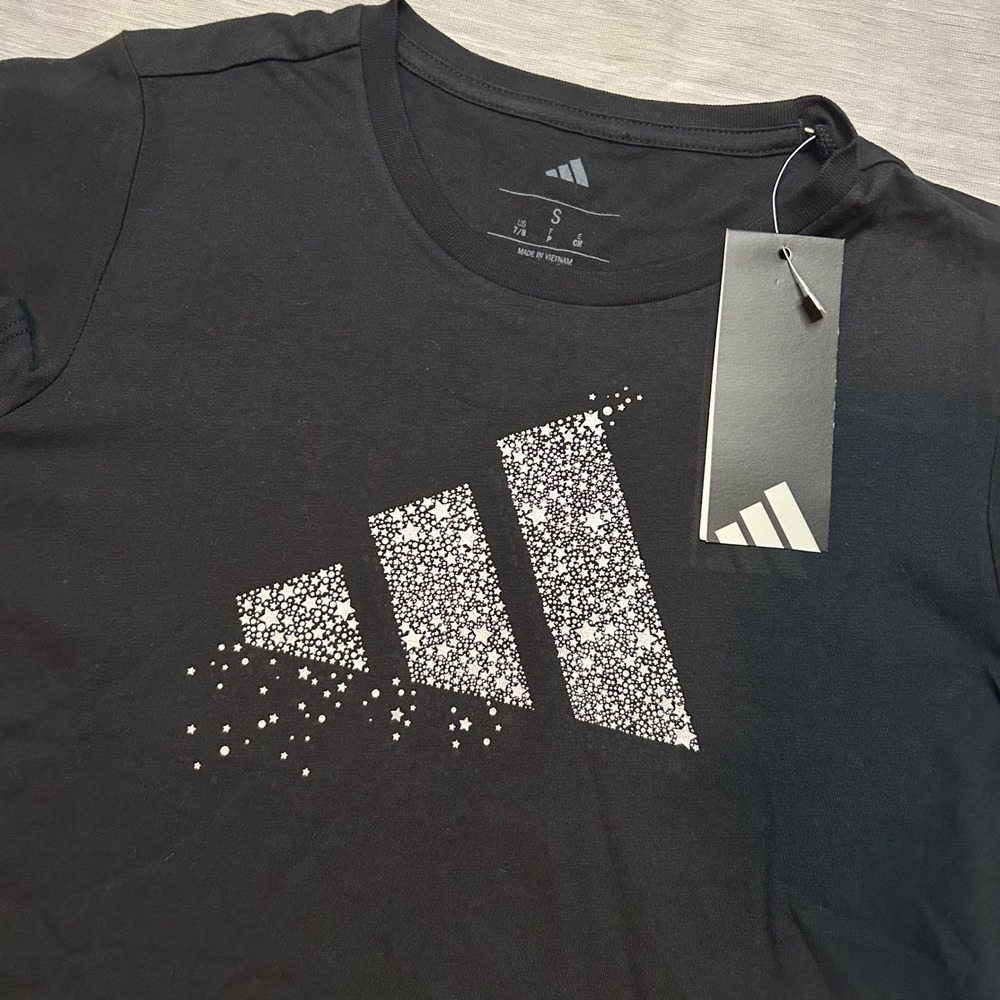 Adidas Girls Star Logo Graphic Tee S 7/8 Black Short Sleeve Cotton T-Shirt